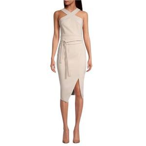 NWT Lavish Alice Brielle Bonded Satin Belted Halterneck Midi Dress